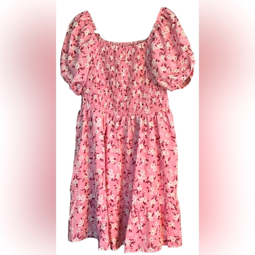 S H E I N Curve Pink Floral Shirred Puff Sleeve Ruffle Hem Dress, Size 2XL, EUC.